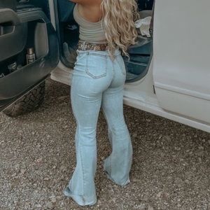 Light Wash Stretchy Ripped Distressed Bell Bottom Vintage Denim Jeans